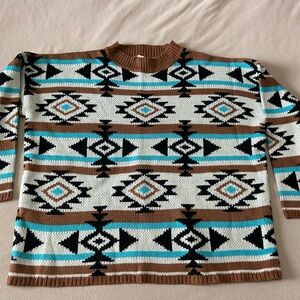 Savanna Jane Aztec Crewneck Sweater - Brown, Black, White, Blue